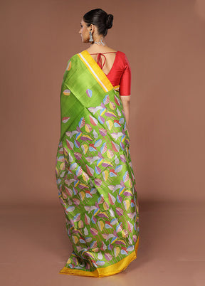 Green Printed Silk Saree Without Blouse Piece