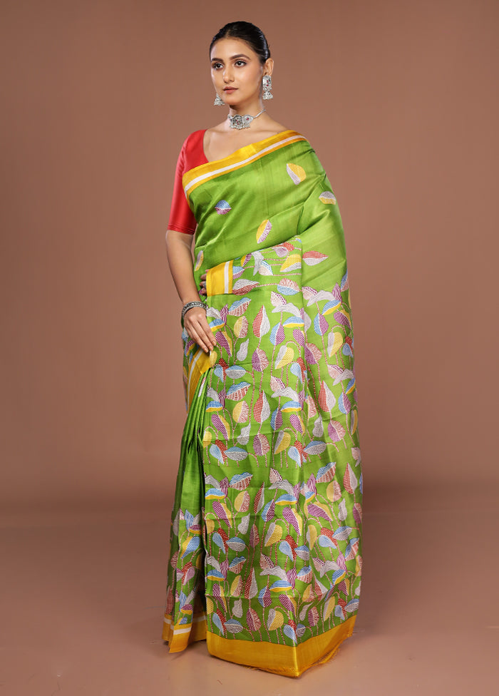 Green Printed Silk Saree Without Blouse Piece