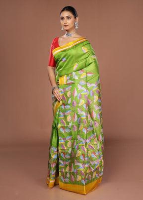 Green Printed Silk Saree Without Blouse Piece