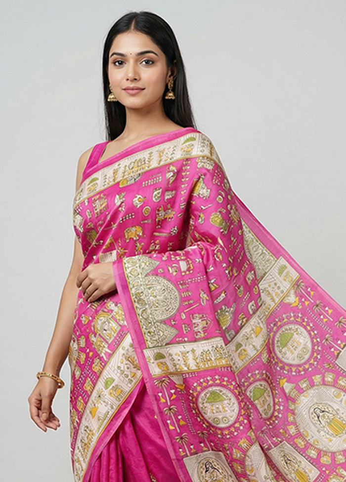 Pink Printed Silk Saree Without Blouse Piece