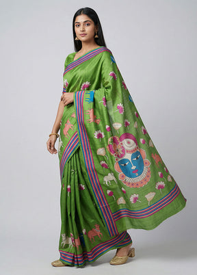Green Printed Silk Saree Without Blouse Piece