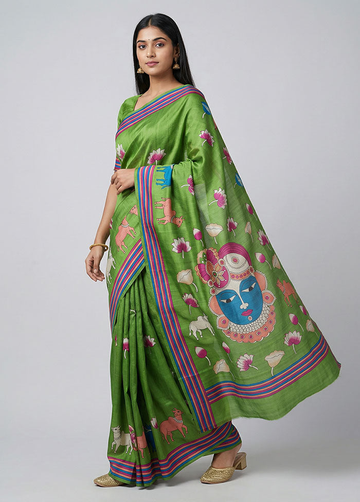 Green Printed Silk Saree Without Blouse Piece