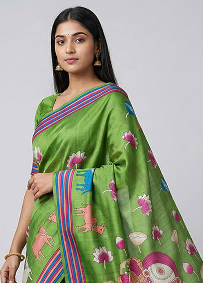 Green Printed Silk Saree Without Blouse Piece