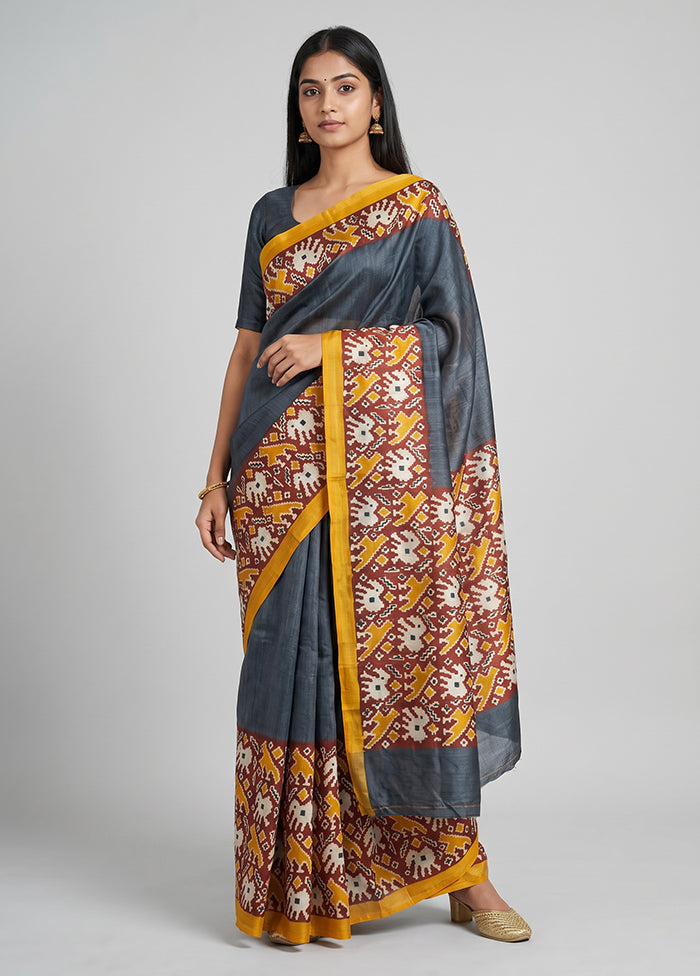 Grey Printed Silk Saree Without Blouse Piece