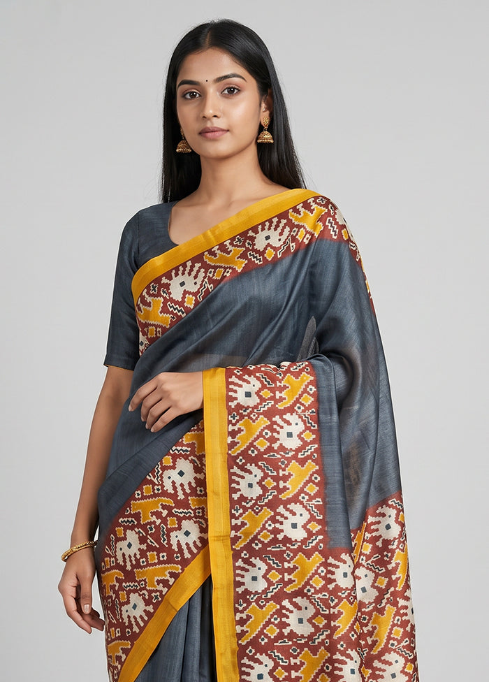 Grey Printed Silk Saree Without Blouse Piece