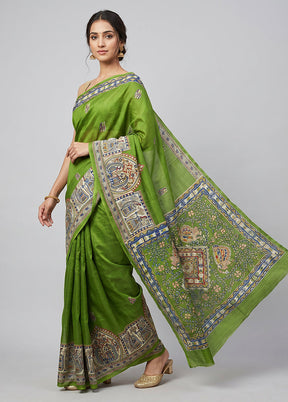 Green Printed Silk Saree Without Blouse Piece