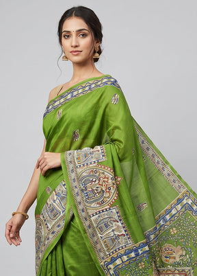 Green Printed Silk Saree Without Blouse Piece