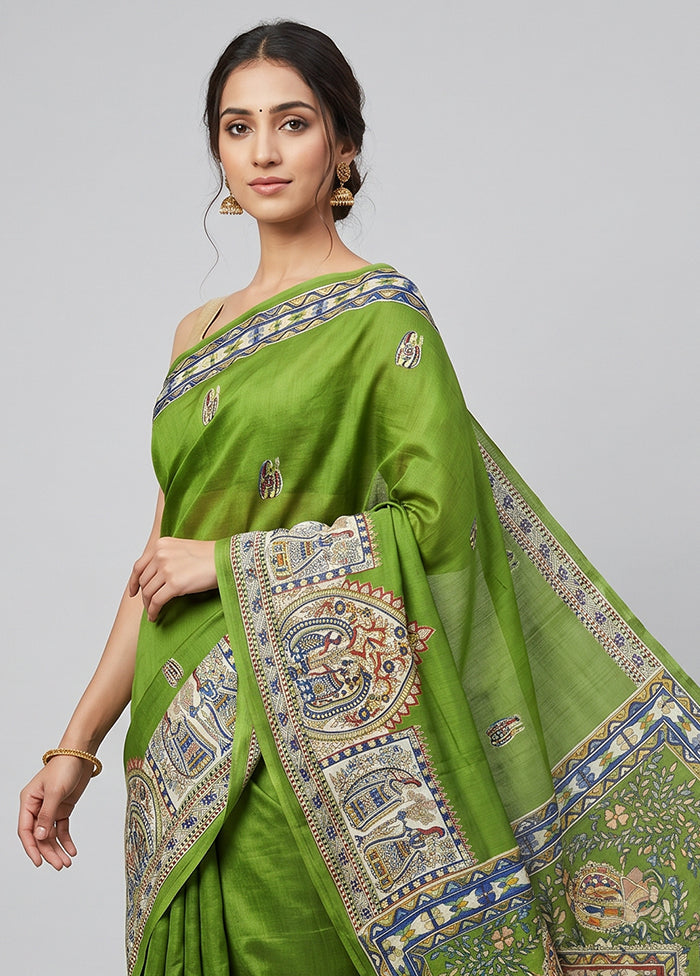 Green Printed Silk Saree Without Blouse Piece