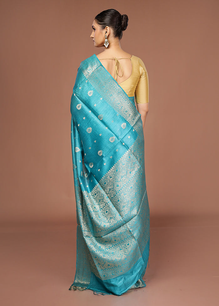 Blue Tussar Silk Saree With Blouse Piece