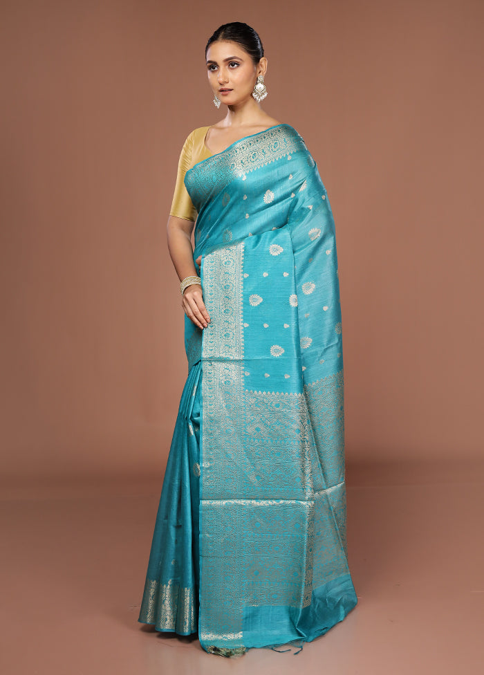 Blue Tussar Silk Saree With Blouse Piece