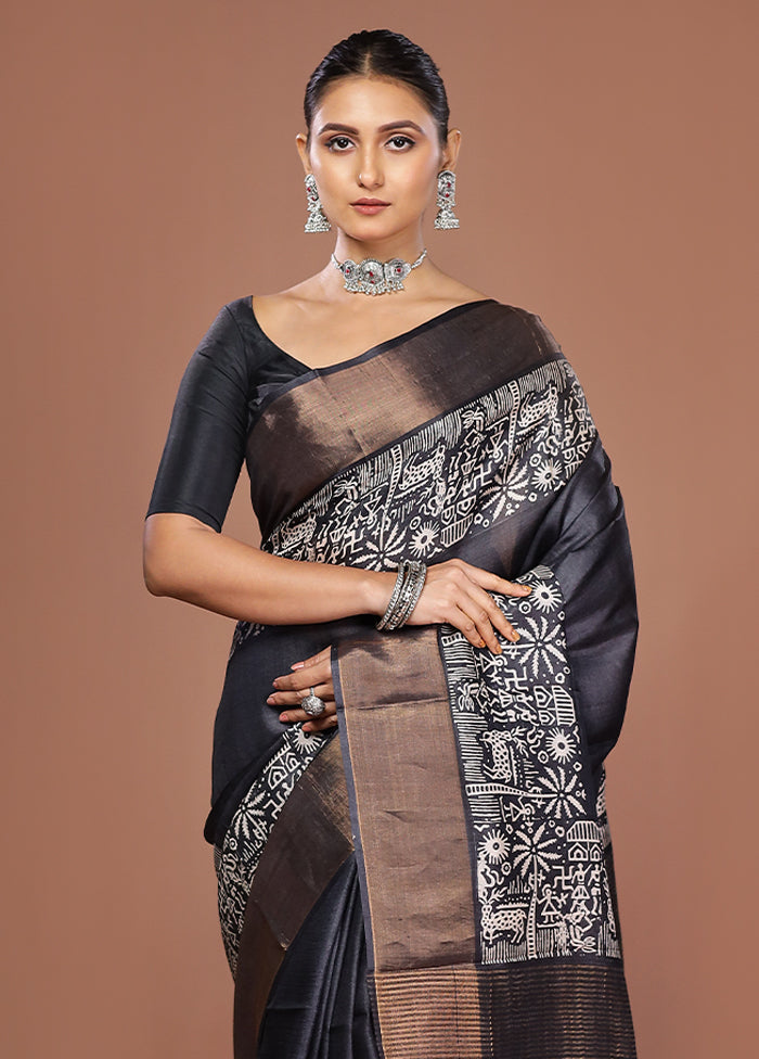 Black Tussar Silk Saree With Blouse Piece