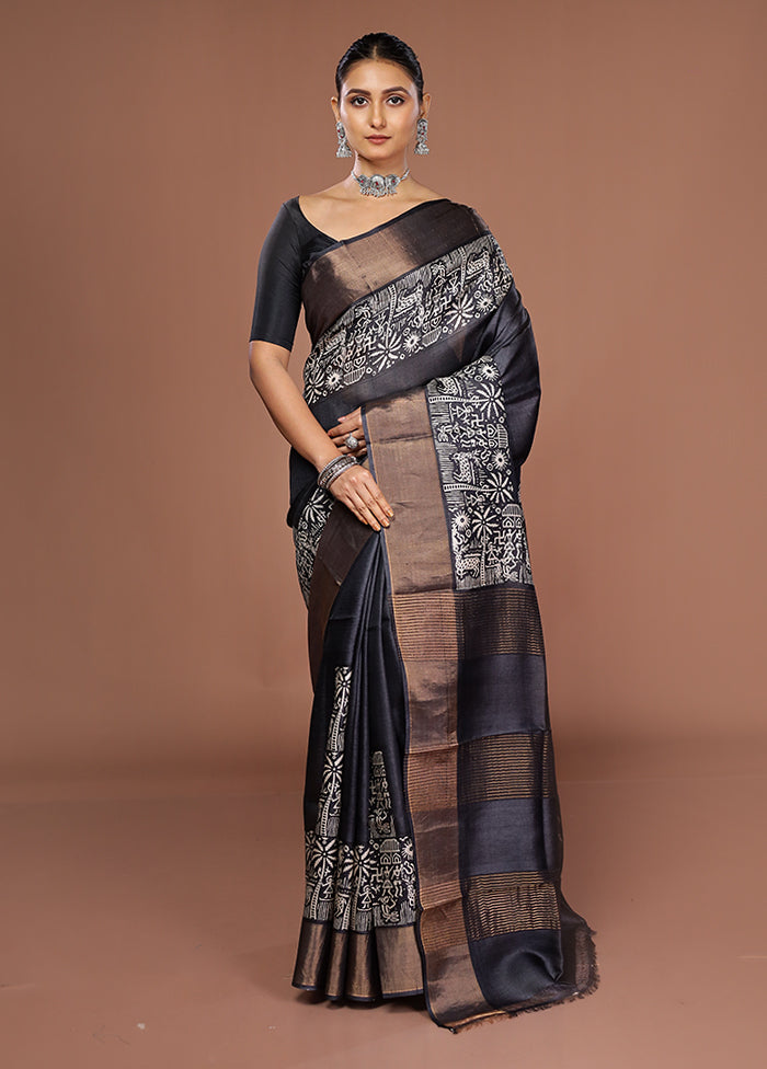 Black Tussar Silk Saree With Blouse Piece