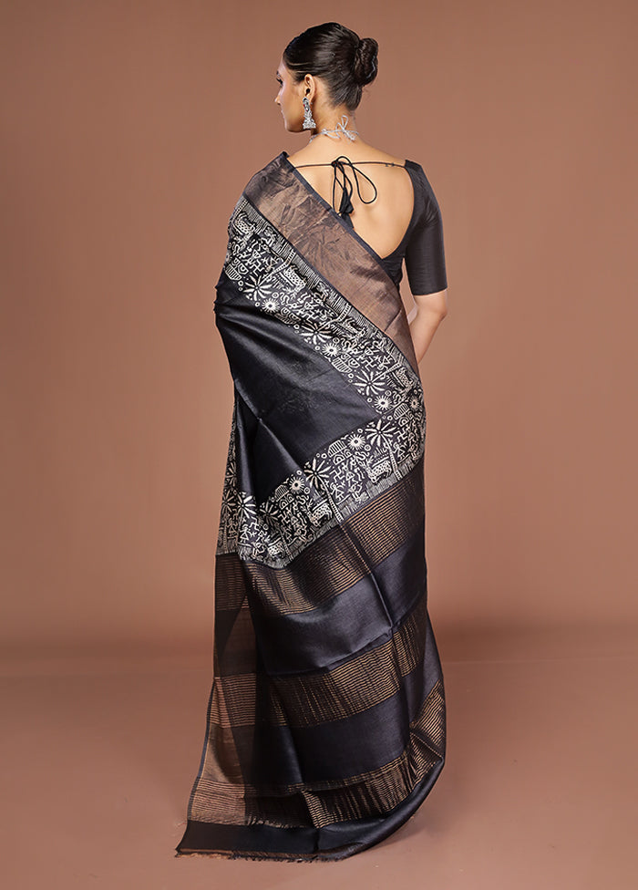 Black Tussar Silk Saree With Blouse Piece