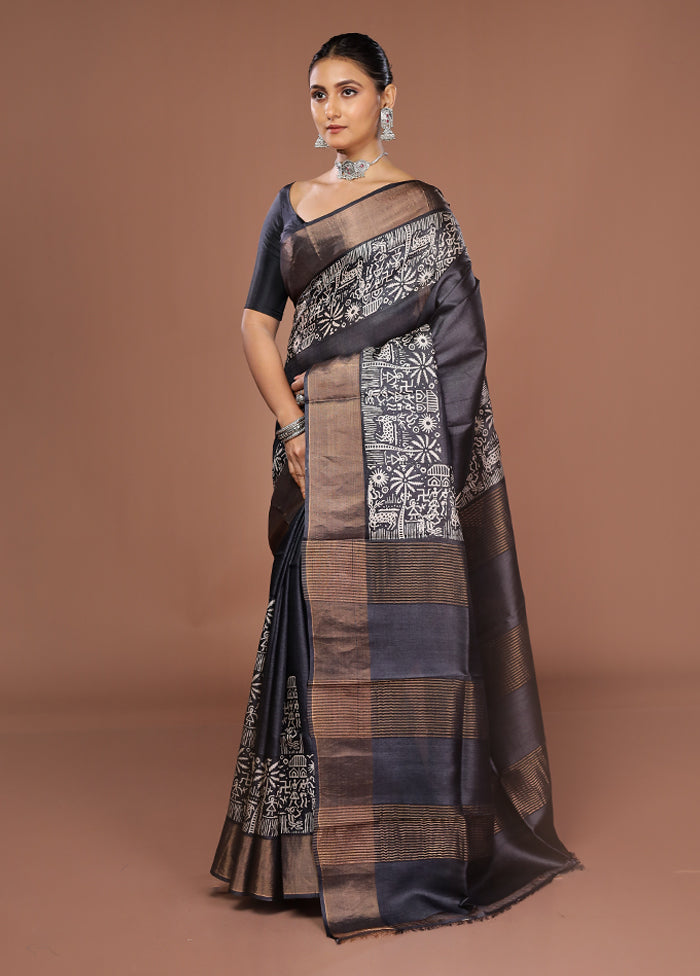 Black Tussar Silk Saree With Blouse Piece