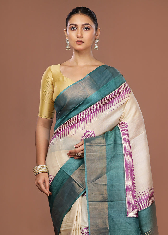 Cream Tussar Silk Saree With Blouse Piece