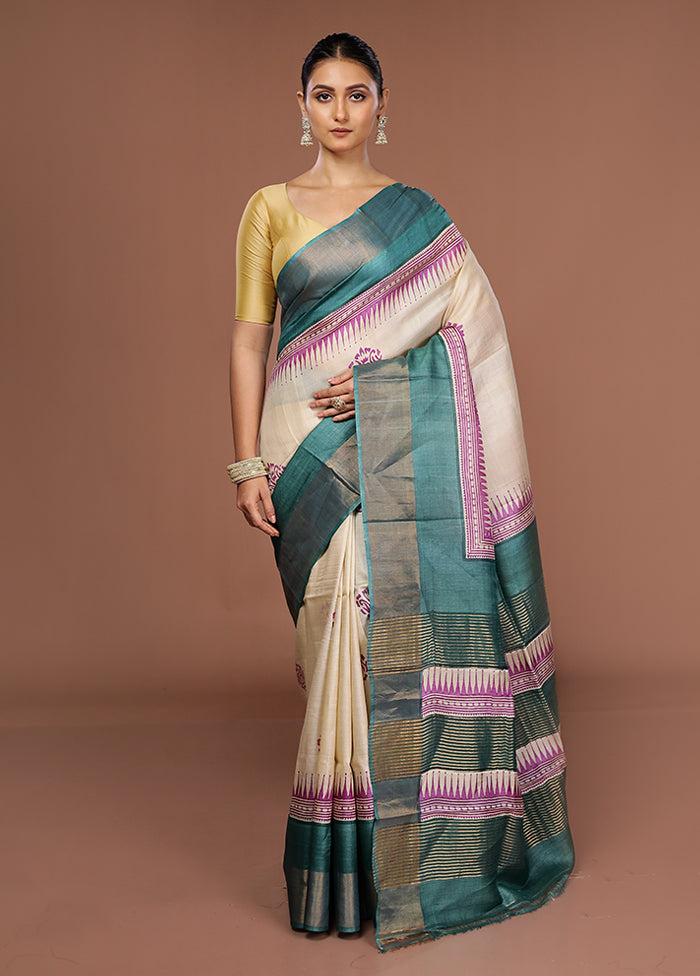 Cream Tussar Silk Saree With Blouse Piece
