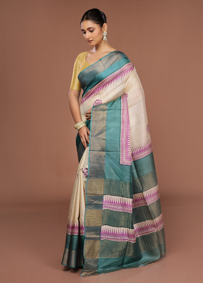 Cream Tussar Silk Saree With Blouse Piece