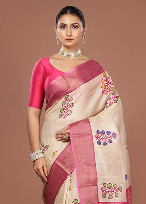Cream Tussar Silk Saree With Blouse Piece