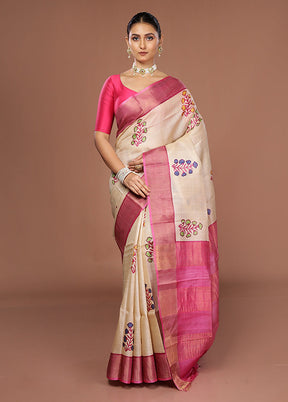 Cream Tussar Silk Saree With Blouse Piece