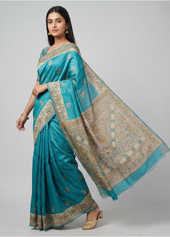 Blue Tussar Silk Saree With Blouse Piece