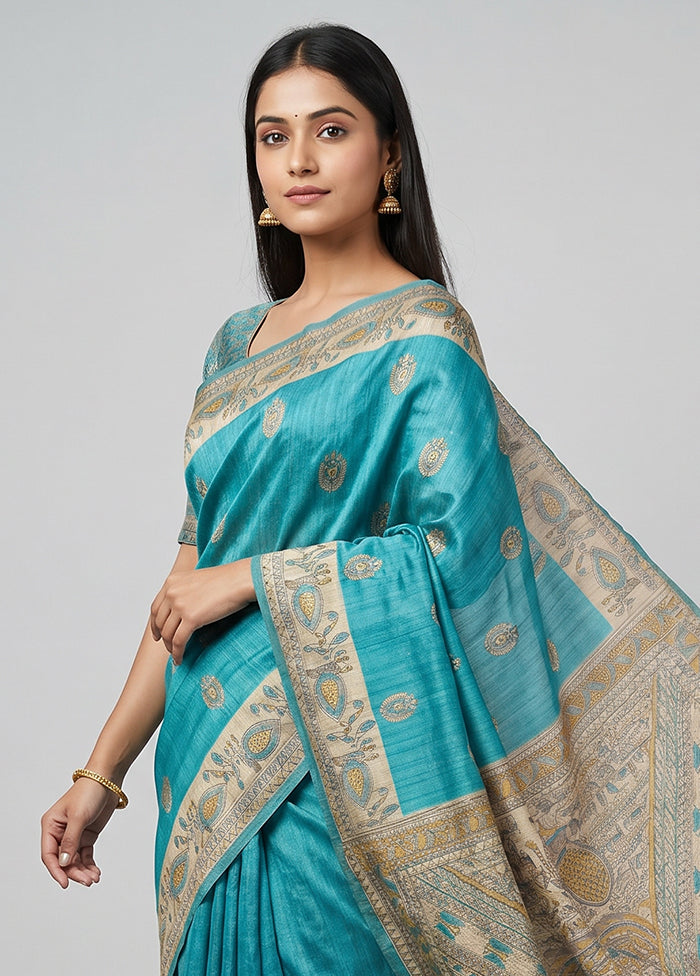 Blue Tussar Silk Saree With Blouse Piece