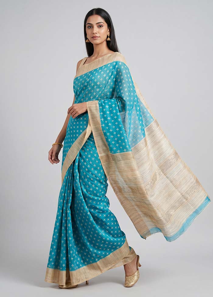 Blue Tussar Silk Saree With Blouse Piece