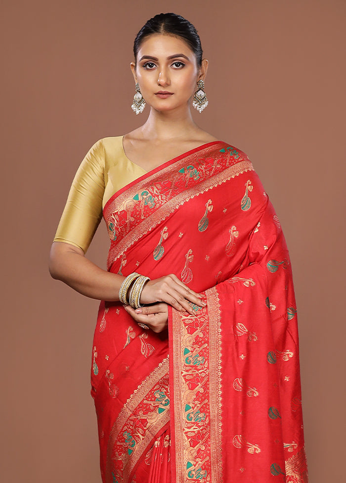 Red Dupion Silk Saree With Blouse Piece