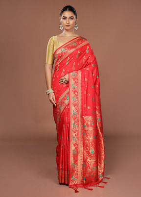 Red Dupion Silk Saree With Blouse Piece
