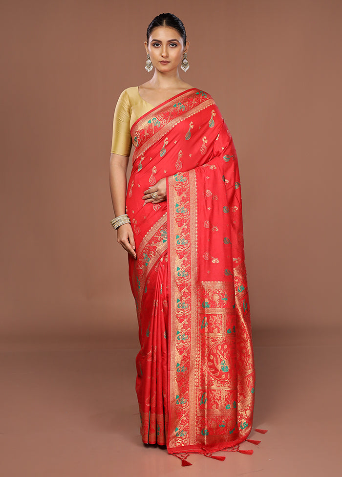 Red Dupion Silk Saree With Blouse Piece