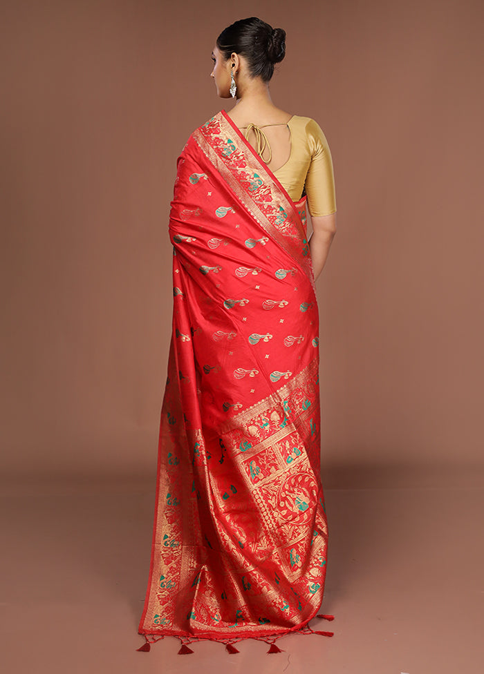 Red Dupion Silk Saree With Blouse Piece