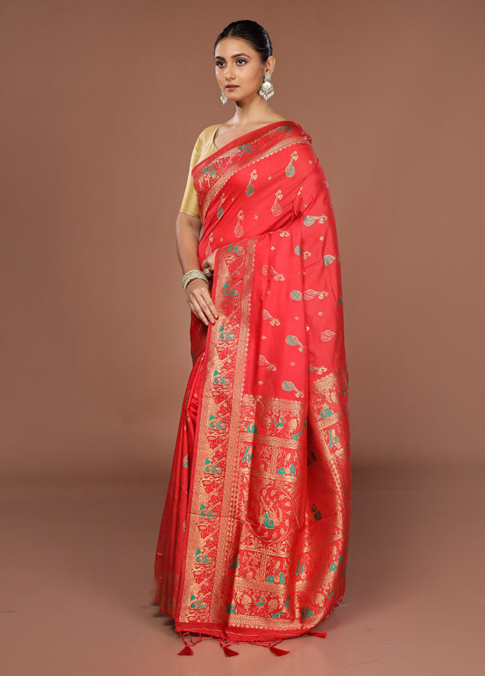Red Dupion Silk Saree With Blouse Piece