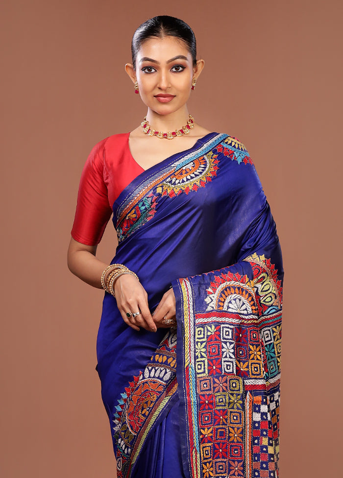 Blue Handloom Kantha Stitch Pure Silk Saree With Blouse Piece