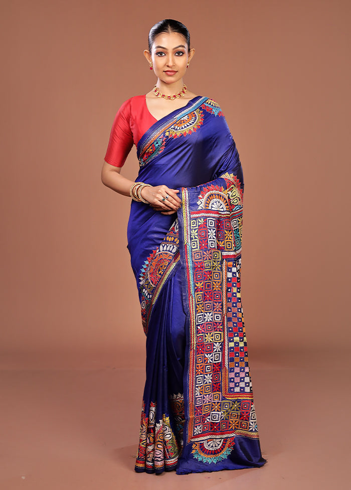 Blue Handloom Kantha Stitch Pure Silk Saree With Blouse Piece