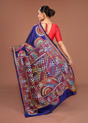 Blue Handloom Kantha Stitch Pure Silk Saree With Blouse Piece