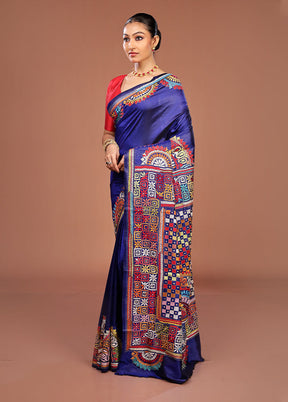 Blue Handloom Kantha Stitch Pure Silk Saree With Blouse Piece