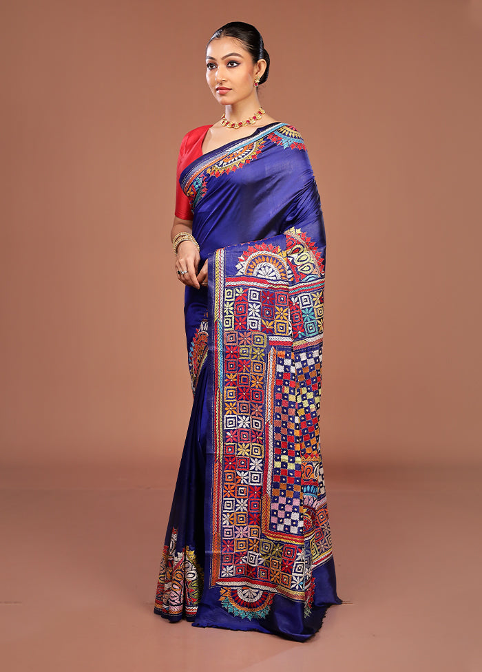Blue Handloom Kantha Stitch Pure Silk Saree With Blouse Piece