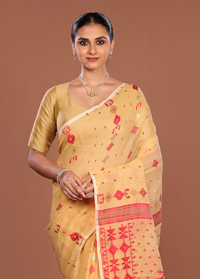 Cream Jamdani Cotton Saree Without Blouse Piece
