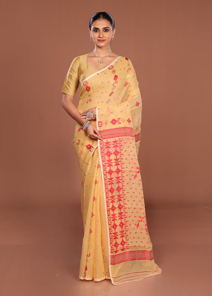 Cream Jamdani Cotton Saree Without Blouse Piece