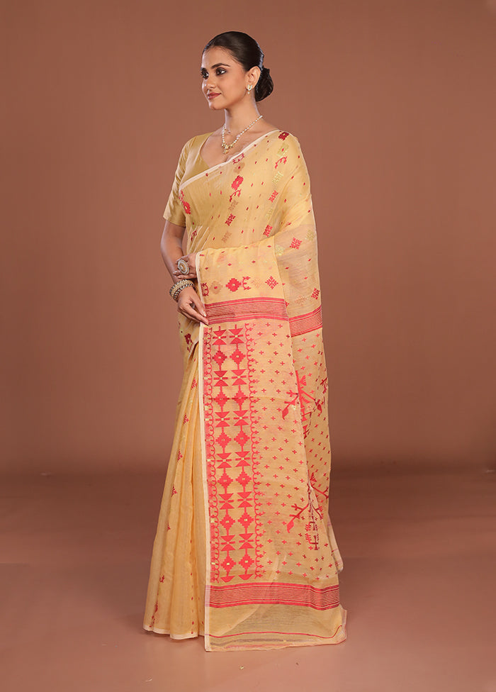 Cream Jamdani Cotton Saree Without Blouse Piece
