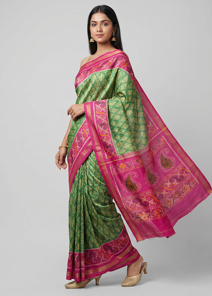 Green Handloom Patola Pure Silk Saree With Blouse Piece