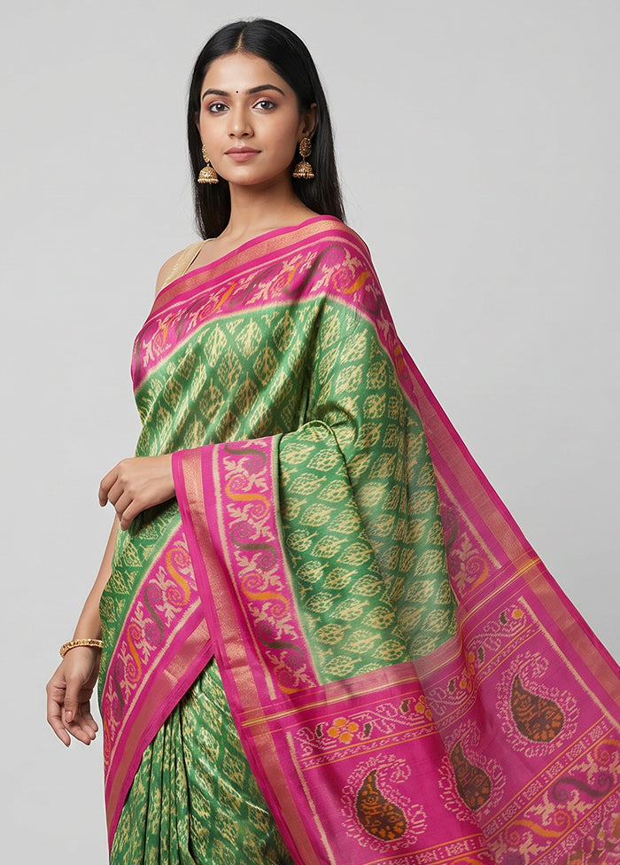 Green Handloom Patola Pure Silk Saree With Blouse Piece