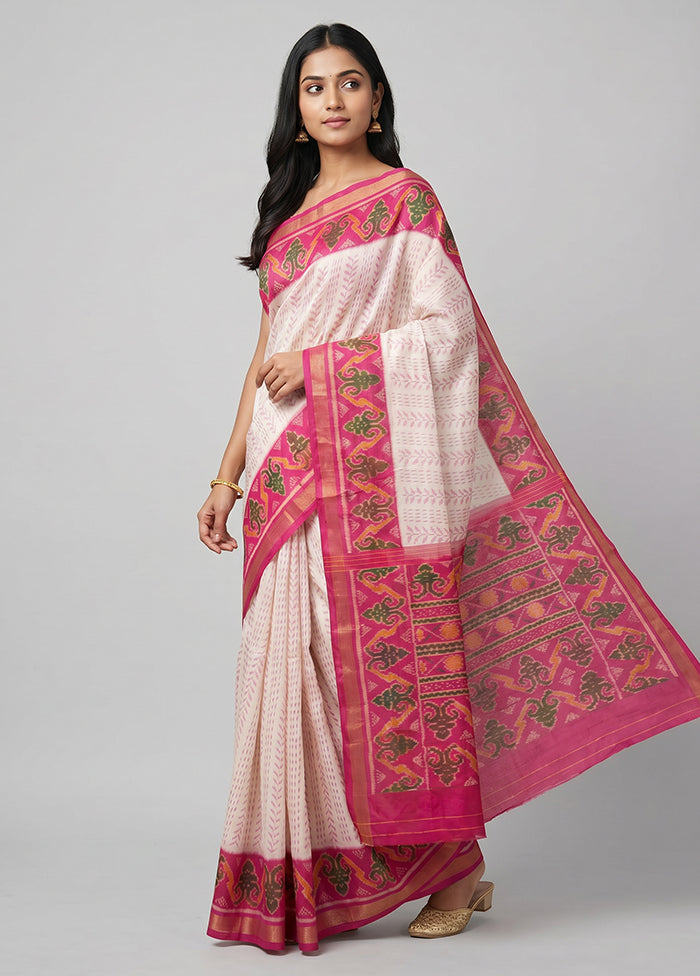 White Handloom Patola Pure Silk Saree With Blouse Piece