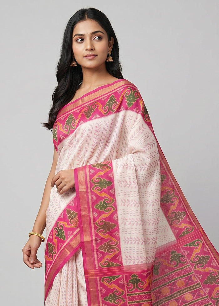White Handloom Patola Pure Silk Saree With Blouse Piece