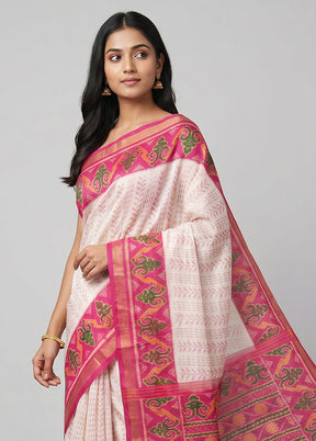 White Handloom Patola Pure Silk Saree With Blouse Piece