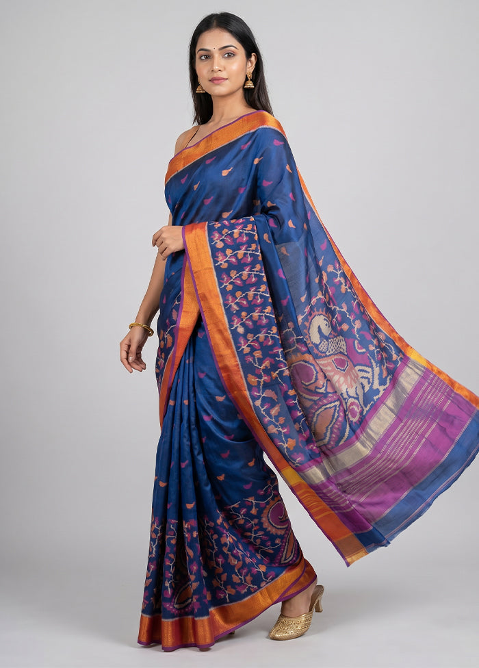 Blue Handloom Patola Pure Silk Saree With Blouse Piece