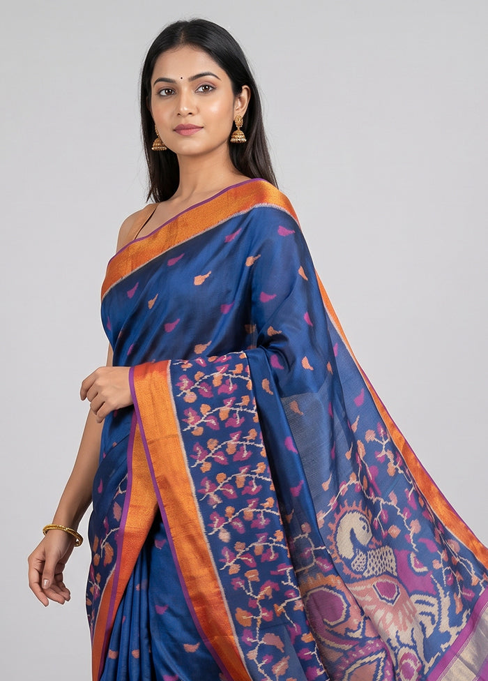 Blue Handloom Patola Pure Silk Saree With Blouse Piece