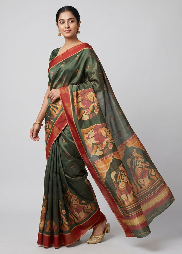 Green Handloom Patola Pure Silk Saree With Blouse Piece