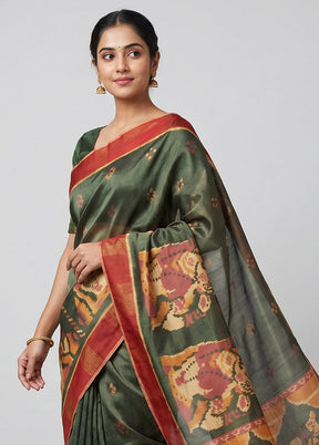 Green Handloom Patola Pure Silk Saree With Blouse Piece