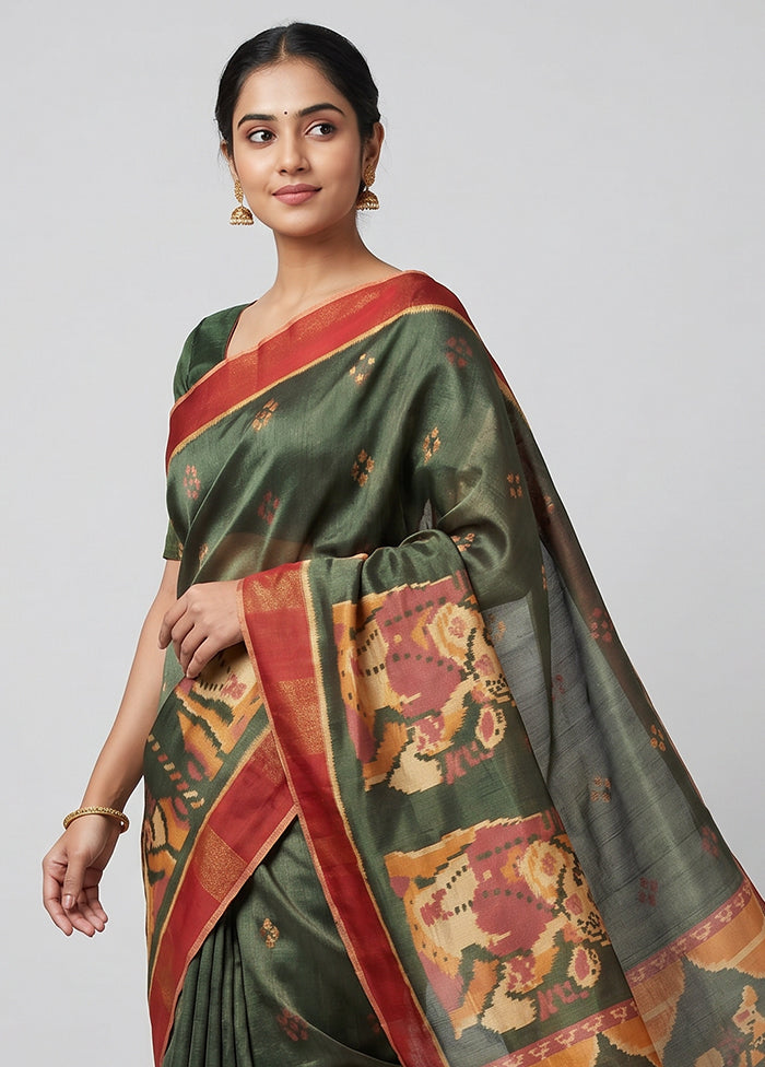 Green Handloom Patola Pure Silk Saree With Blouse Piece