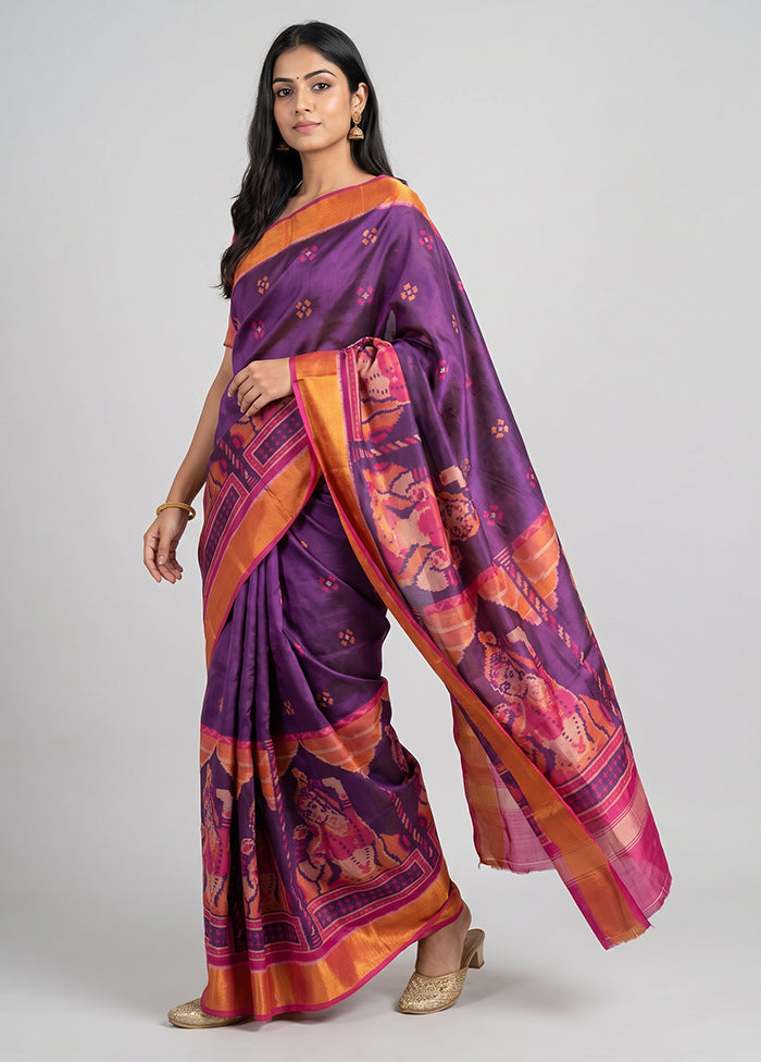 Purple Handloom Patola Pure Silk Saree With Blouse Piece